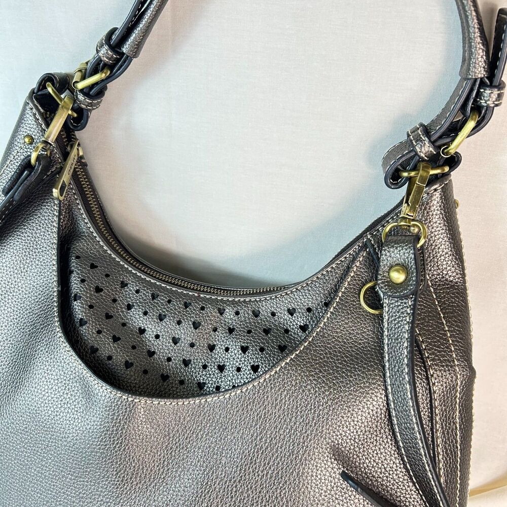 Chala Metallic Pewter Faux Leather Heart Cut-Out Hobo Shoulder Crossbody Bag - Picture 3 of 12